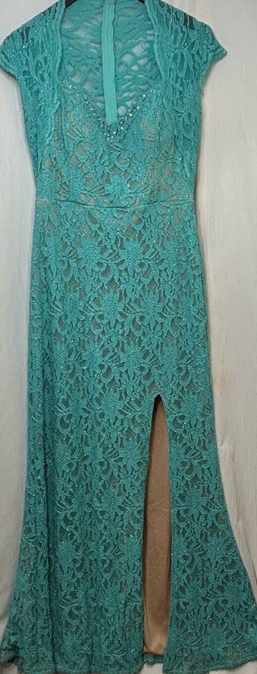 Jodi Kristopher Teal Lace Prom Formal Evening Mermaid Dress Rhinestone Slit 15
